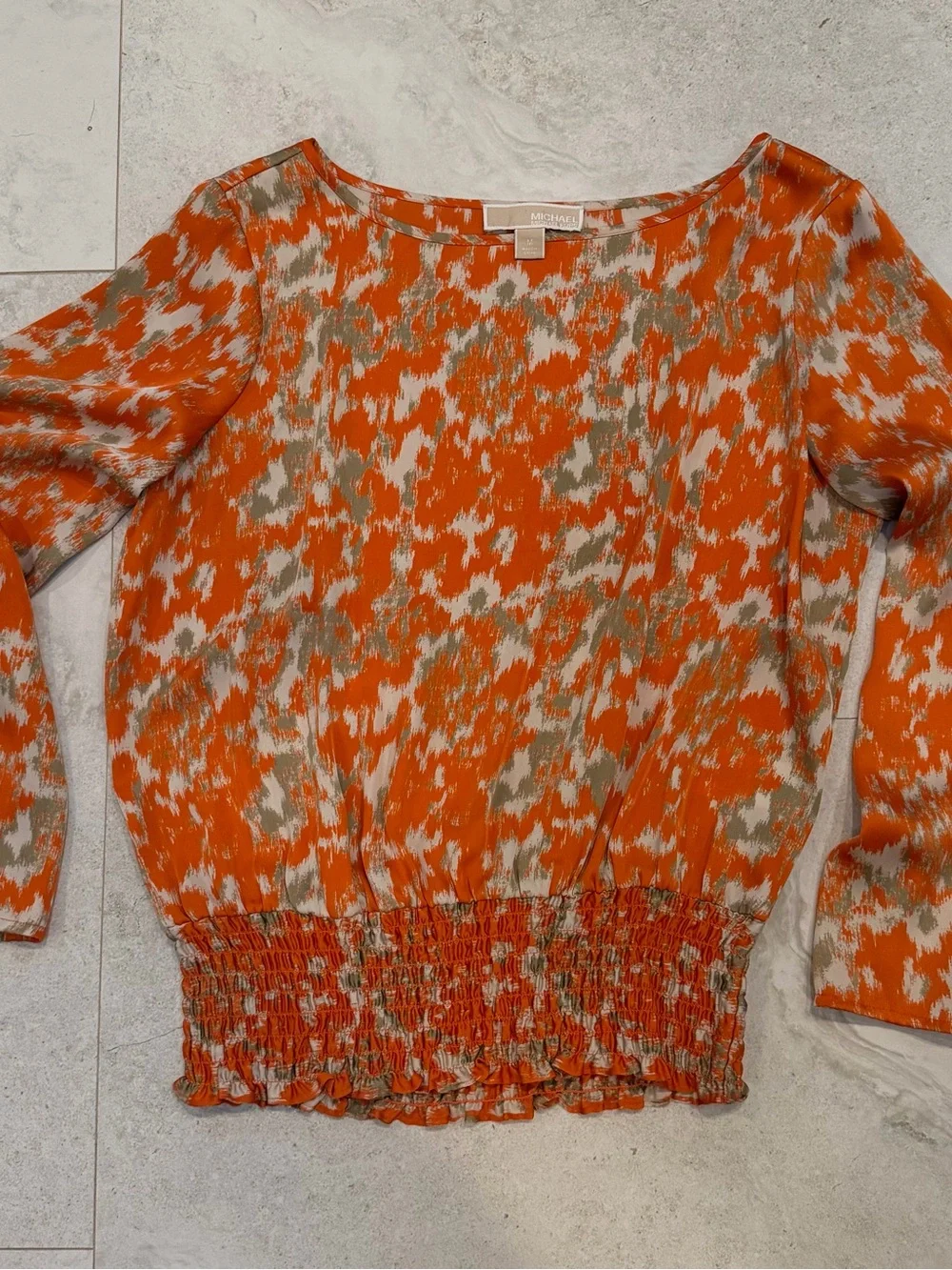 Michael Kors Orange and Beige Patterned Smocked-Hem Blouse